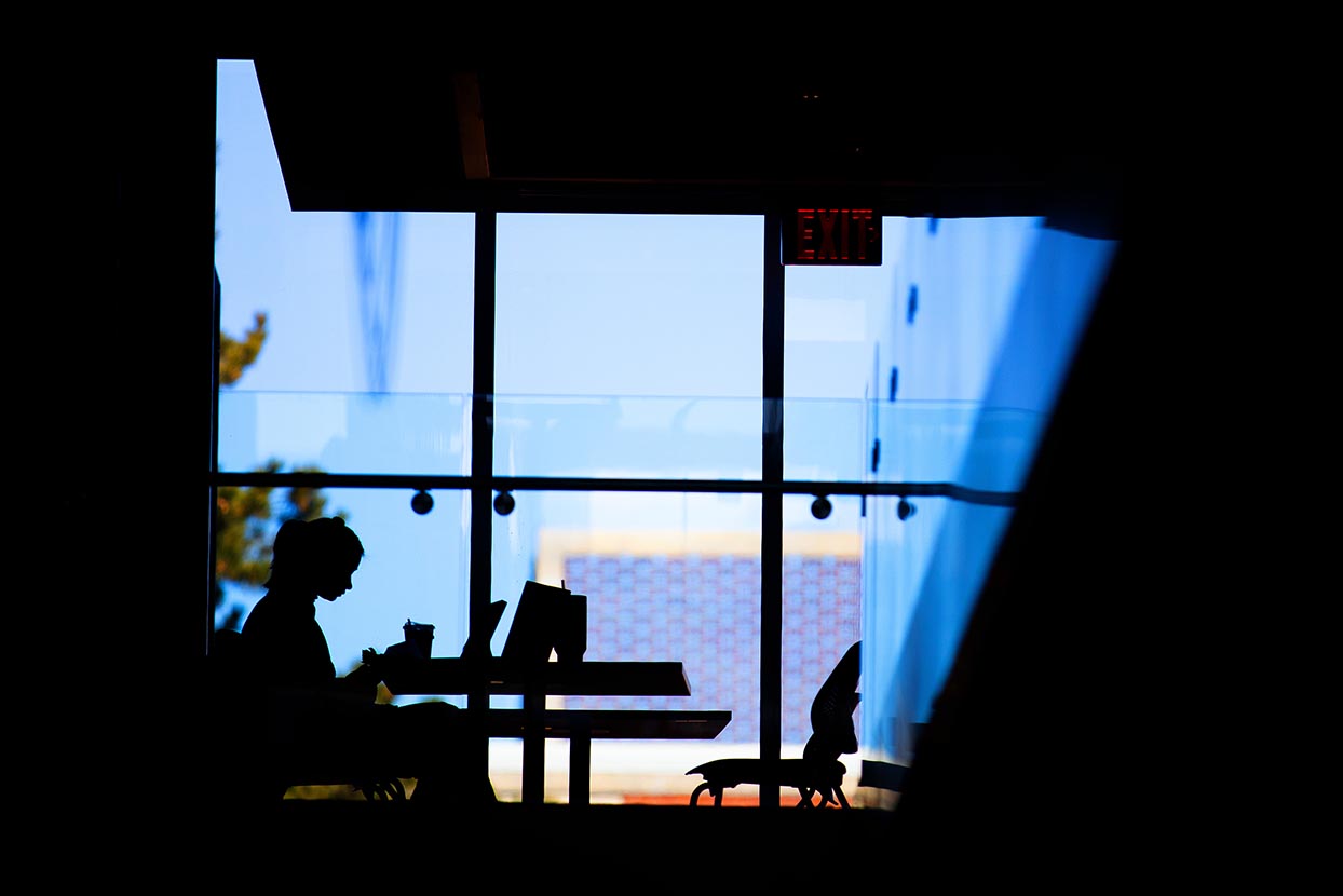 A silhouetted student works at a quiet study table on the second floor of Bessey Hall.